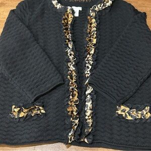 Chico's Black Cardigan with Lace and Animal  Print Trim Size 3